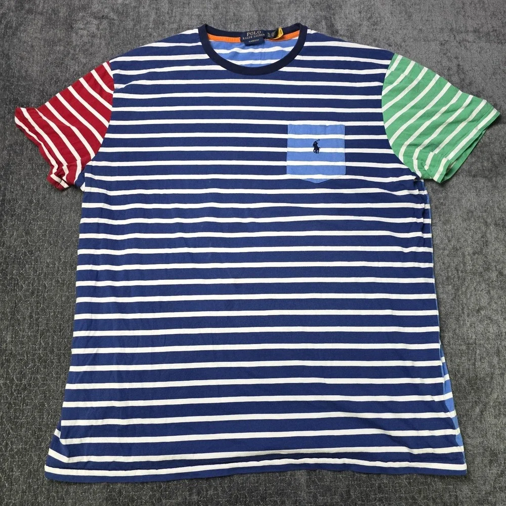 Polo Ralph Lauren Colorblock Pocket T Shirt Mens XL Blue Striped Cotton Retro